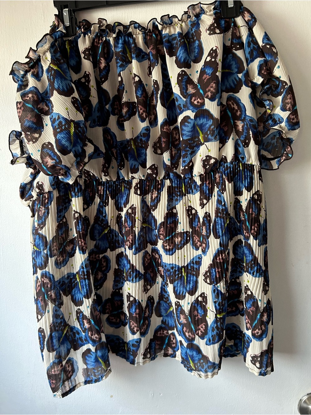 Cato Off-Shoulder Butterfly Print Tunic in Blue and White